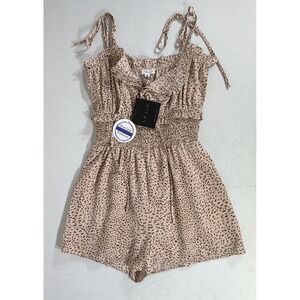 Le Lis Romper Small Tan Brown Animal Print Ruffle Smocked Tie Shoulder Strap NWT